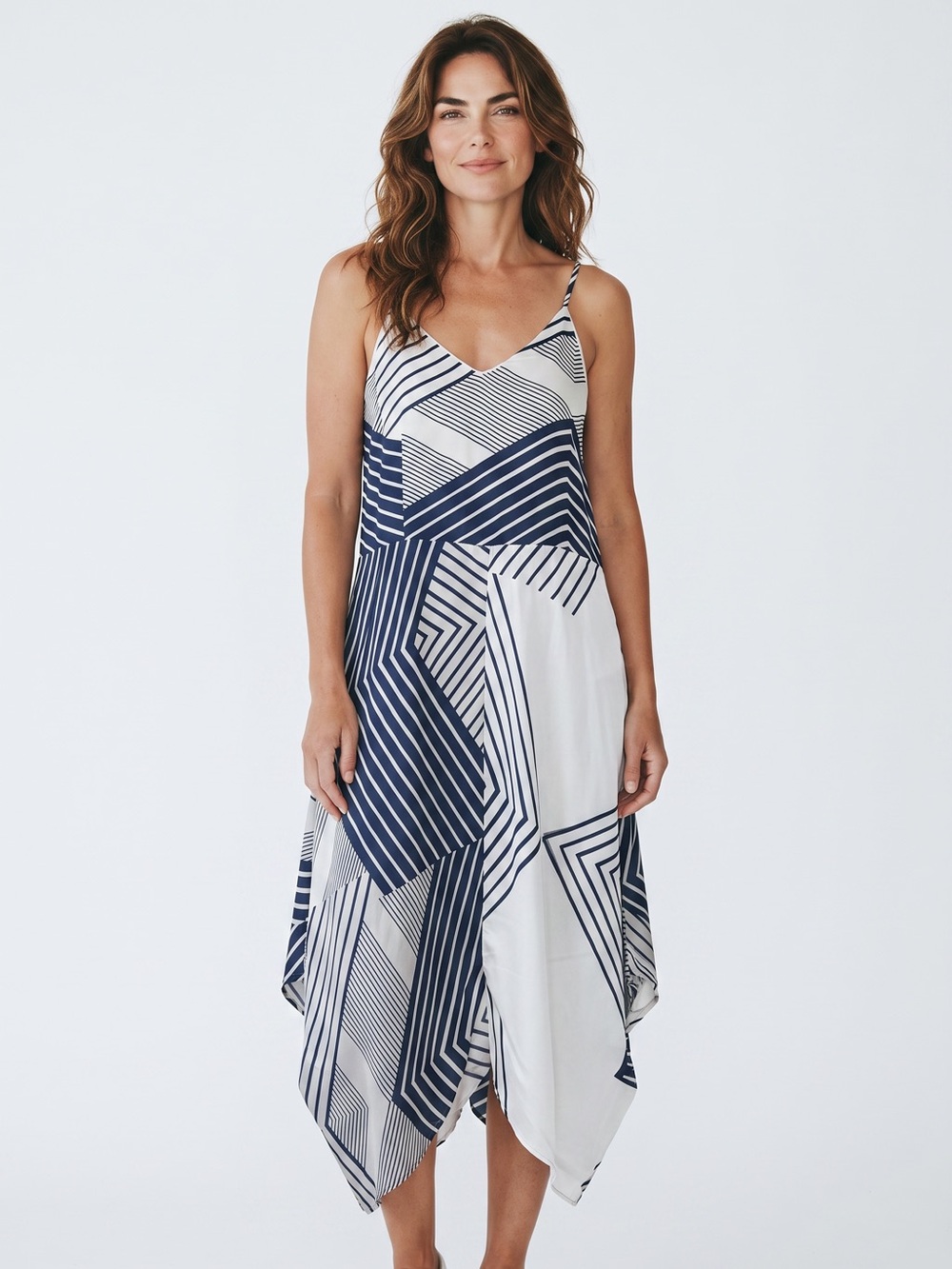 100% Silk Lagenlook Geometric Cami Dress – Navy Blue & White – Size 8